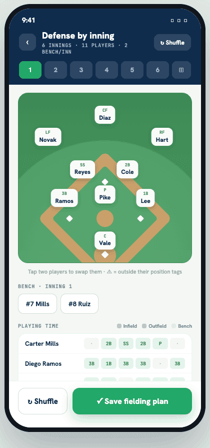 Defense by inning screen in the DugoutPal app