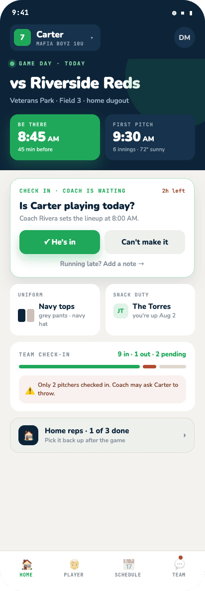 Parent game-day home: arrival time, first pitch, uniform, snack duty, and the check-in